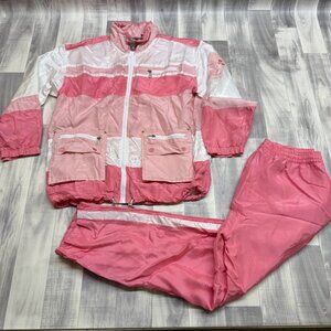 ✅Womens M VTG Mureli Pink Silk/Nylon Tracksuit Jacket & Pants Set *STAINED PANTS